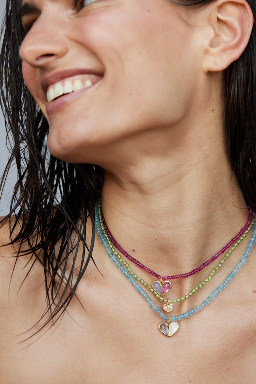 Beaded Sweetheart Necklace Blue Topaz & Mother of Pearl